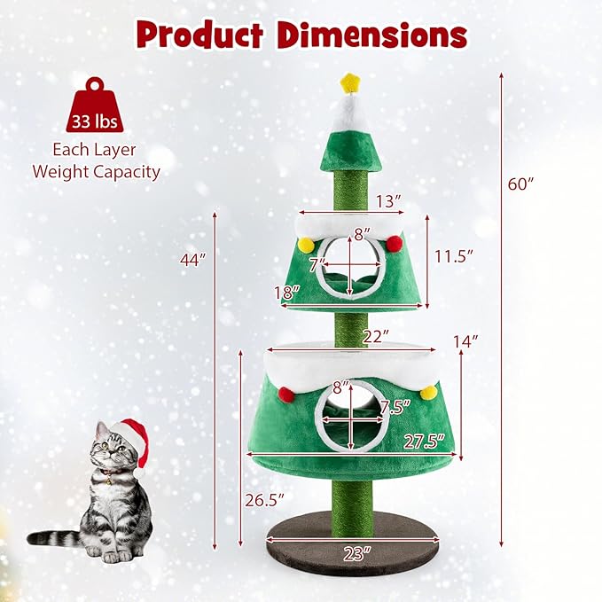 Dreamade 60" Christmas Cat Tower with 2-Level Cat Condos, Premium Scratching Posts,Star Design, Play Center for Kittens, Festive Cat Hideaway Furniture, Green