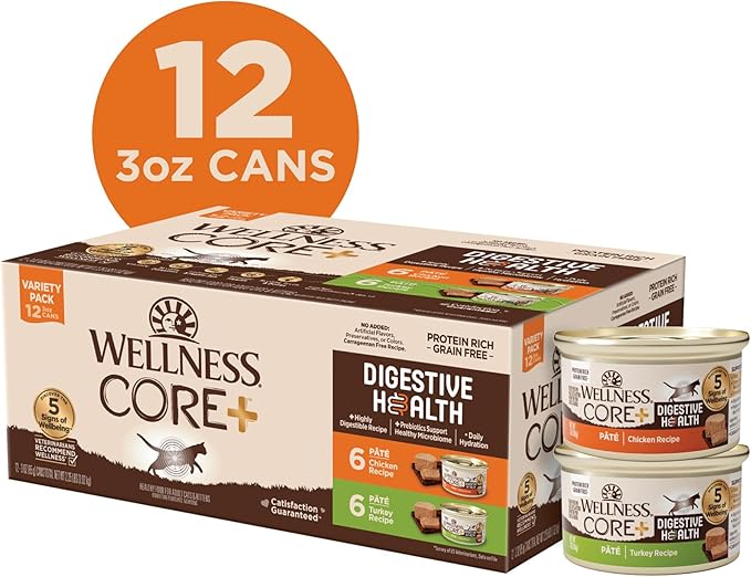 Wellness CORE+ Digestive Health Pate Variety Pack Adult Canned Wet Cat Food, Natural, Protein Rich, Grain Free, Chicken and Turkey Recipes, 3 oz, Pack of 12 Cans