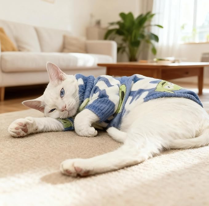 Sphynx Cat Clothes Sweaters for Cats Only, Warm Sphynx Hairless Cat Clothes Shirt,Sphinx Kitten Winter Coat Pet Outfits Costume for Cornish Rex, Devon Rex, Alien Pattern Royal Blue,2XL