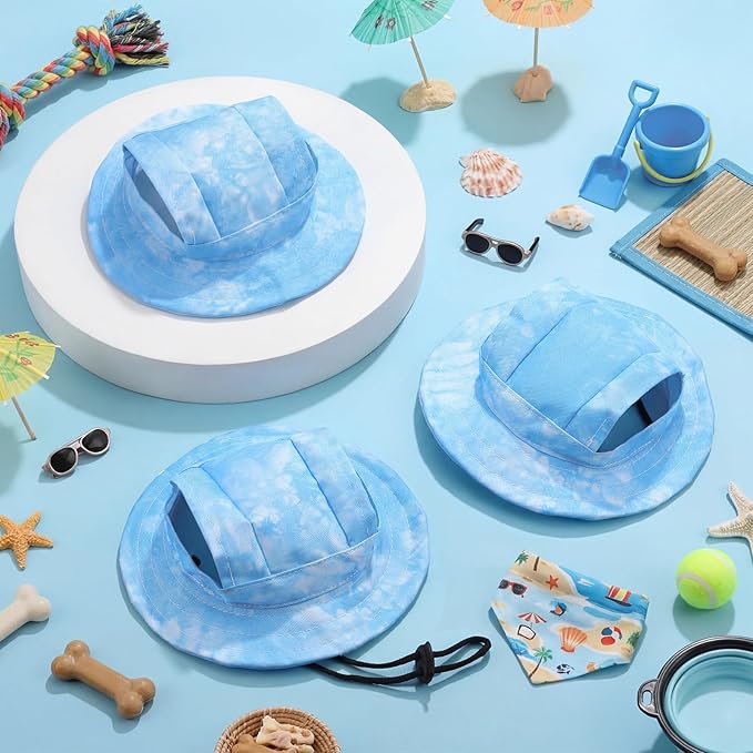 3 Pcs Pet Hats with Ear Hole Sunscreen Round Brim Bucket Hat Suitable for Small and Medium-Sized Cat Puppy Dog Active Summer Sun Protection Pet Sun Care Cooling Caps (Blue, Medium)