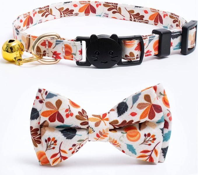2 Pack Cotton Fall Cats Collar with Bow Tie Orange Green Cat Collars for Girl Female Boy Male Cat Collar with Bell Halloween Collars for Cats