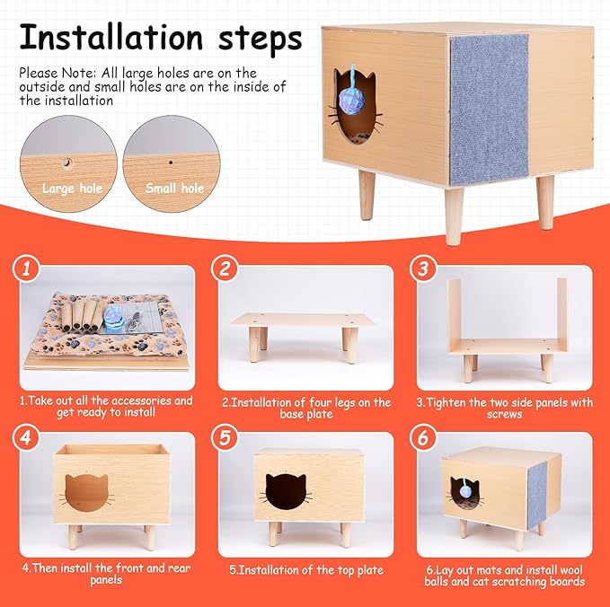 Cat House for Indoor Cat Bed Cave Wooden Condo with Cushion Scratcher Fluffy Ball Large Kitten Small Animal Stray Cats Hideaway Pet Cube