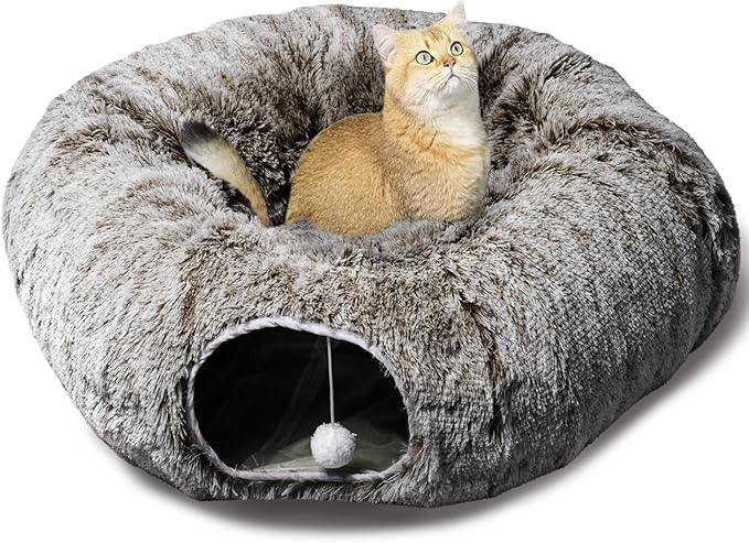 AUOON Cat Tunnel Bed for Indoor Cats - Large Cat Donut Tunnel with Hanging Ball Toy, Collapsible 2-in-1 Multifunctional Interactive Cat Toy for Kitten, Puppy, Rabbit, Ferret (Brown)