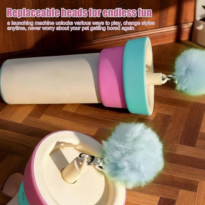 Electric Cat Wand Toy with Telescopic Rope, Cat Teaser Game Interactive Cats Toys Fuzzy Ball Launchers Funny Enrichment Toys for Bored Indoor Pets