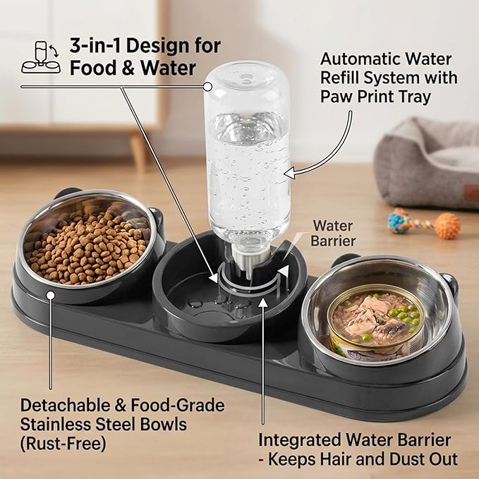 3 Bowl Cat Feeding Station Cat Food and Water Bowl Set, 3 Feeding Station with Automatic Water Dispenser, Elevated Tilted Bowls for Easy Eating, Black