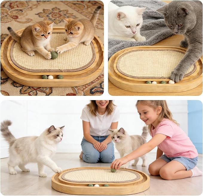 2-in-1 Cat Scratch Pad & Bed, Natural Sisal Scratch Mat for Cats with Interactive Ball Toy, Wooden Frame Indoor Cat Lounge