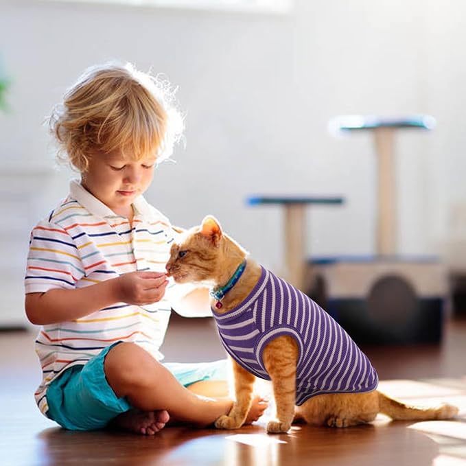 Sphynx Cat Clothes, Breathable Hairless Cat Shirts, Stripe Kitten T-Shirts Sleeveless, Pullover Cat Sweaters, Pet Summer Apparel for Sphynx, Cornish Rex, Devon Rex, Peterbald, Small Dogs
