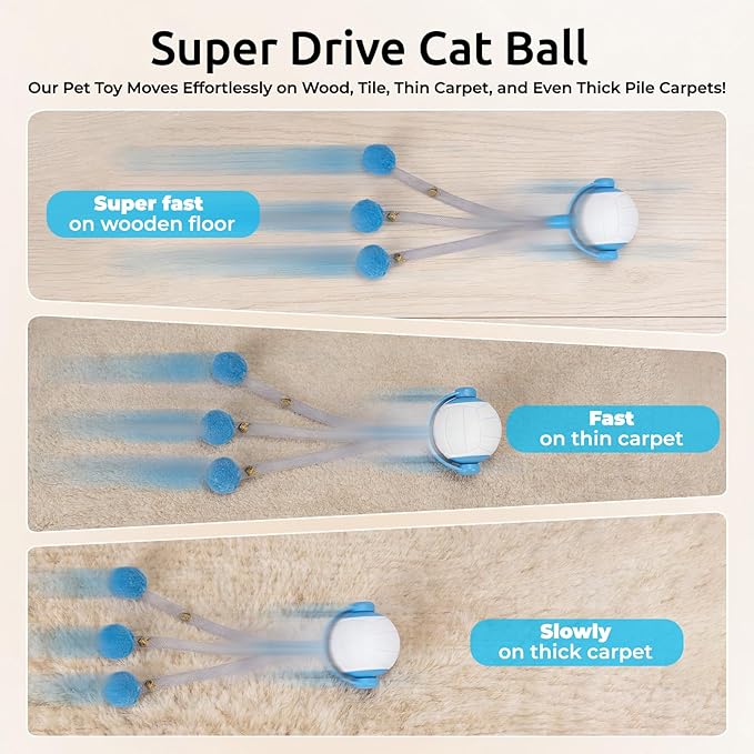 Cat Toys for Indoor Cats, Interactive Cat Toy Ball with Pom-Pom Tails, Automatic Cat Toy Self Play Exercise Toy to Relieve Boredom for Kitten & Adult Cats (Blue)