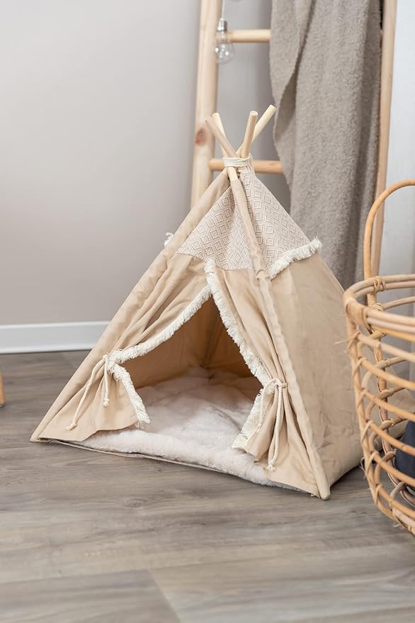 TRIXIE Boho Tipi for Dogs and Cats, Stylish Bed for Cats and Dogs with Reversible Cushion and Tie-Backs, A Perfect Retreat for Kitties and Pups, Beige