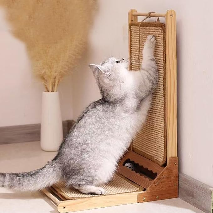 Cat Scratcher, 23.6in Sisal Scratching Pad, L Shape Scratch Pad Wall Mounted with Ball Toy for Indoor Cats, Durable Natural Sisal Cat Scratch Furniture Protector