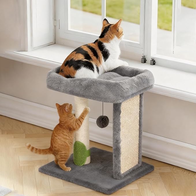 Cat Scratching Post Small Cat Tree with Cat Self Groomer, 17.3x13.4” Wide Top Bed, Natural Scratch Post and Danging Ball Great for Kittens and Average Indoor Cats-Grey