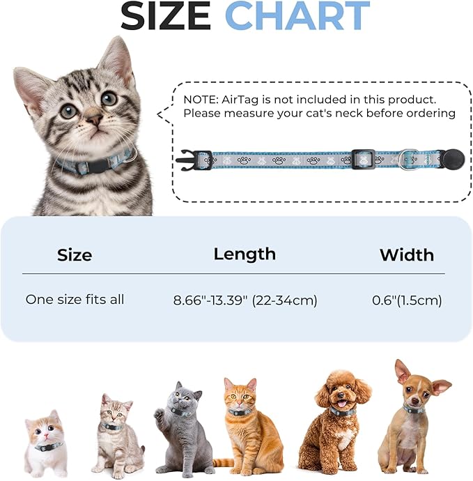 Cat Collar Breakaway, Reflective Kitten Collar with Bell, Safety Buckle Kitten Collar, Lightweight, Adjustable, Comfortable, Suitable for Boy Girl Cats (7"-13") Blue