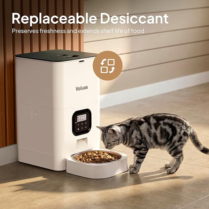 VOLUAS Automatic Cat Feeders - Pet Food Dispenser for Dry Food, Timed Cat Feeder with Desiccant Bag, Programmable Portion Size Control 4 Meals Per Day, 10s Voice Recorder