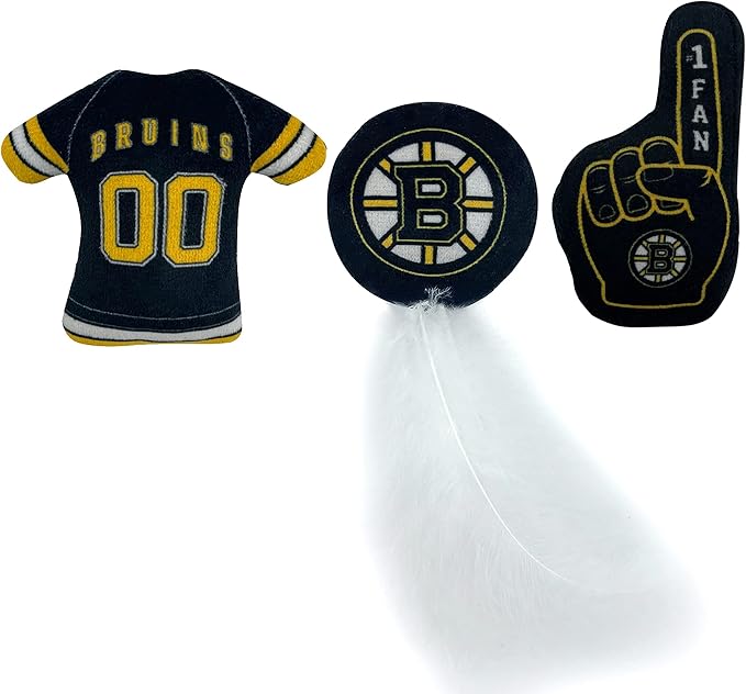 NHL BOSTON BRUINS Complete Set of 3 Plush Cat Toys: Jersey, Hockey Puck with Feathers & #1 Fan. Filled with Fresh Catnip. Beautiful Team Logo