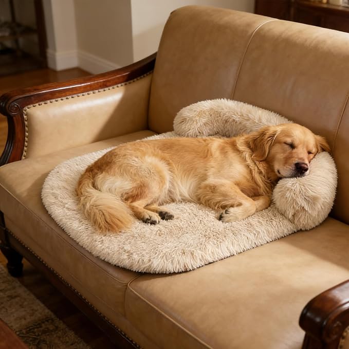 Orthopedic Dog Bed with Egg-Crate Base, Calming Dog Beds Fluffy Plush Faux Fur with Raised Edges, Spine Friendly Pet Sleeping Mat for Medium Large Dogs, Machine Washable (Oval, Beige 32"x24")