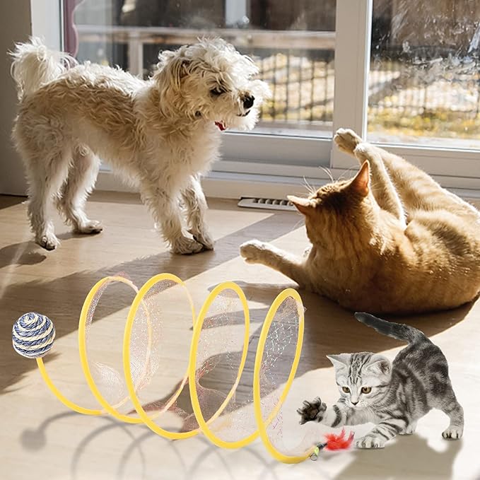 2-Pack Large Cat Tunnel Beds - Indoor & Outdoor,Kitten Collapsible Spring Tunnel Toy with Feather and Bell,Interactive Spring Toys for Cats & Kittens(Yellow)