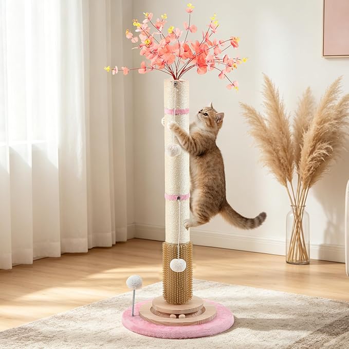 45'' Tall Cat Scratching Post,Heavy Duty for Indoor Large Cats 3.5Inch Diameter Natural Sisal Rope Post,Stable Real Wood Base,Artificial Plant Design Scratcher with Interactive Ball Toy for Home Decor