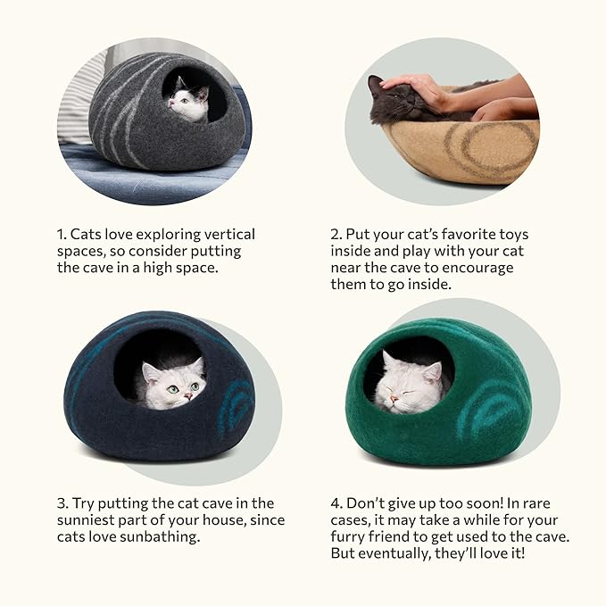 MEOWFIA Cat Cave – Premium Felt Cat Bed for Indoor Cats, Handmade Merino Wool (Emerald, Large)