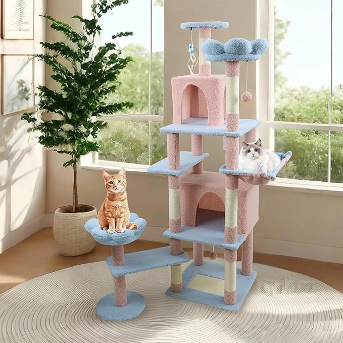 71" Flower Cute Cat Tree for Indoor Cats Large Adult, Tall Cat Tower with Scratching Post & Condo, Hammock, Aesthetic Cats Stand, Modern, Easy Assembly (Blue, 71" Tall)