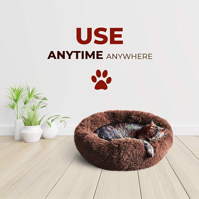 Whiskers & Friends Cat Beds for Indoor Cats, Fluffy Calming Donut Cat Bed, Small Dog Bed Washable - Orthopedic Soft Plush Pet Beds Sized for Kitten to Large Cats & Puppy to Small Dogs, Chocolate Brown