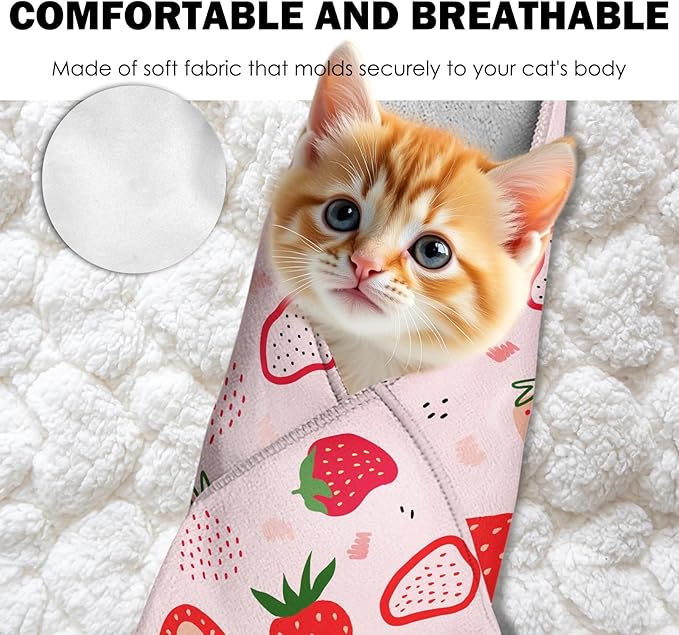 27.6"Cat Grooming Wrap, Self Adhesive Cat Wrap for Cutting Nails, Anti-Escape Cat Swaddle Wrap for Medicine Ear Cleaning, Strawberry Anti-Scratch Cats Burrito Restraint Blanket, Pet Tool (6-10 lbs)