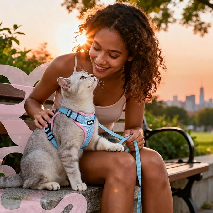 rabbitgoo Cat Harness and Leash for Walking, Escape Proof Soft Adjustable Vest Harnesses for Cats, Easy Control Breathable Reflective Strips Jacket, Light Blue&Pink, XXS