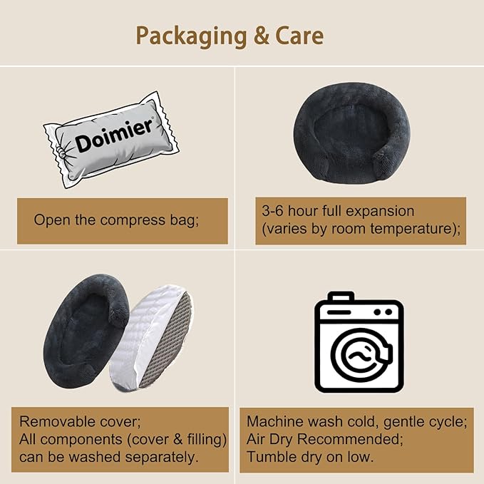 Calming Dog & Cat Beds with Orthopedic Egg-Crate Foam Raised Rim, Soft Fluffy Faux Fur Pet Bed for Small Medium Dogs, Anxiety Relief Spine Support, Machine Washable (Round, Dark Grey 23")