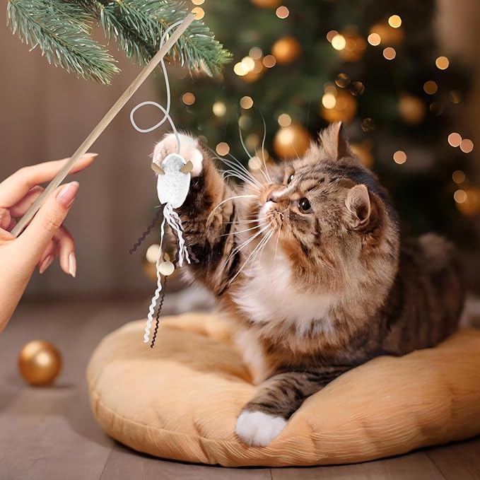 NOWFRESH Cat Wand Toy Set, 2 PCS Interactive Cat Teaser Wands with Cute Red Snake & Green Snake Designs, Equipped with Bells and Streamers to Captivate Your Cat’s Attention