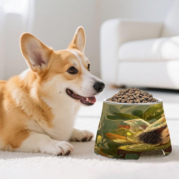 Cute Hedgehog Watering Pets Food Bowls with Stand Stainless Steel Pets Dish Bowl for Slow Feed Cats Whisker Relief