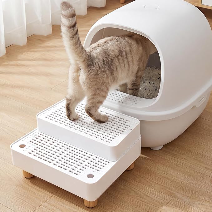 Adjustable 2 Steps Litter Box Ramp, Cat Litter Catcher Mat with Wooden Feet, Filter Function, Litter Box Step for Small & Elderly Cats, Fits Automatic Litter Boxes (White)