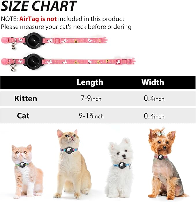 azuza AirTag Cat Collar Breakaway, Integrated Cat Collar with Air Tag Holder and Bell, Safety Lightweight Cat Tracker Collars for Kittens, Pink Butterfly, Kittens (7"-9")