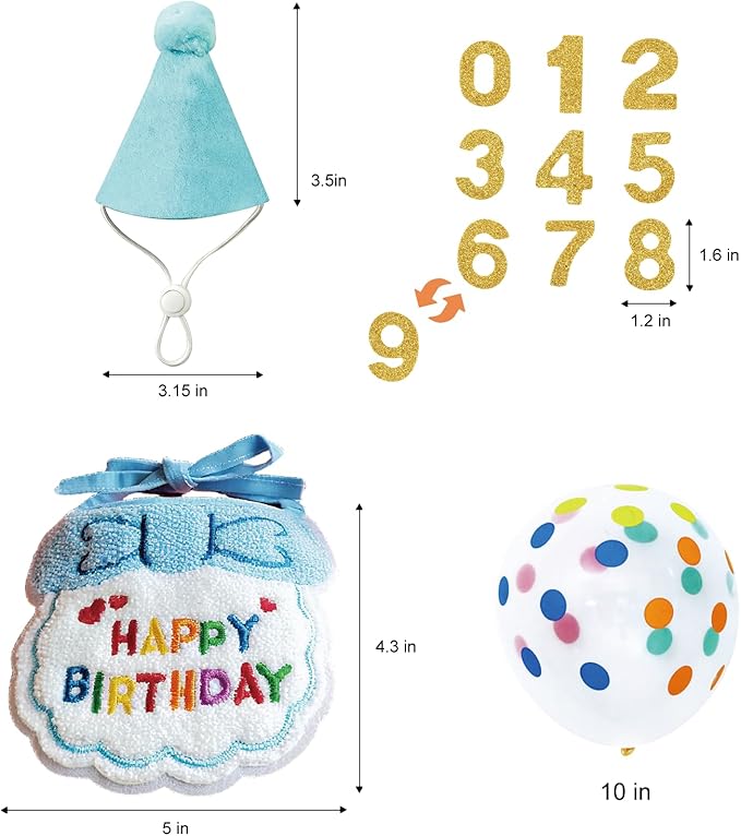 Reusable Cat Birthday Decorations Set - Adjustable Cat Birthday Hat & Bandana with Age Numbers | Kitty Celebration Kit for Memorable Milestones(Blue)