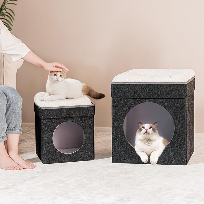 B FSOBEIIALEO Cat House Cube Small Dog Cubes for Indoor Cats Folding Cat Ottoman, Cat Cave, Stackable Cat Condo for Kitten, with Removable Soft Sleeping Bed, Felt and Engineered Wood 12.6"(Dark Grey)