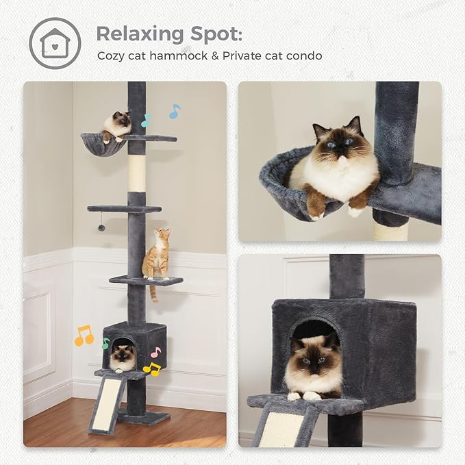 PETEPELA Floor to Ceiling Cat Tree, Cat Tower 5 Tiers Tall (83-108 Inches) Adjustable Height, Cat Climbing Tree Featuring with Condo, Scratching Post and Perches for Indoor Cats, Daek Grey