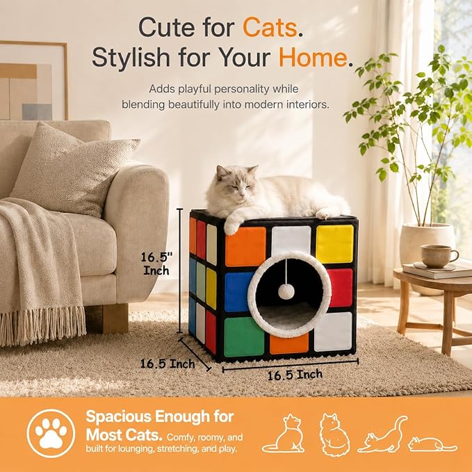 Cat Condo House with Reversible Cushions and Fluffy Ball Hanging, Foldable Magic Cube, Large Cave Bed for Indoor Cats, Unique Puzzle Shape Lagre 16.5“ x 16.5" x 16.5”