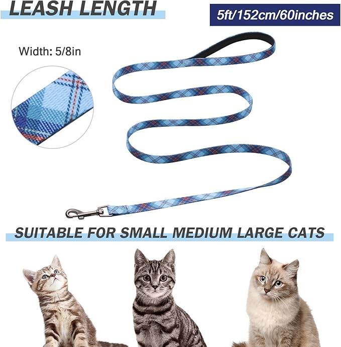 Hikiko Cat Harness and Leash Set Escape Proof Adjustable Walking Travel Soft Boy Kitten Harness for Small Medium Large Cats (Blue Plaid, S)