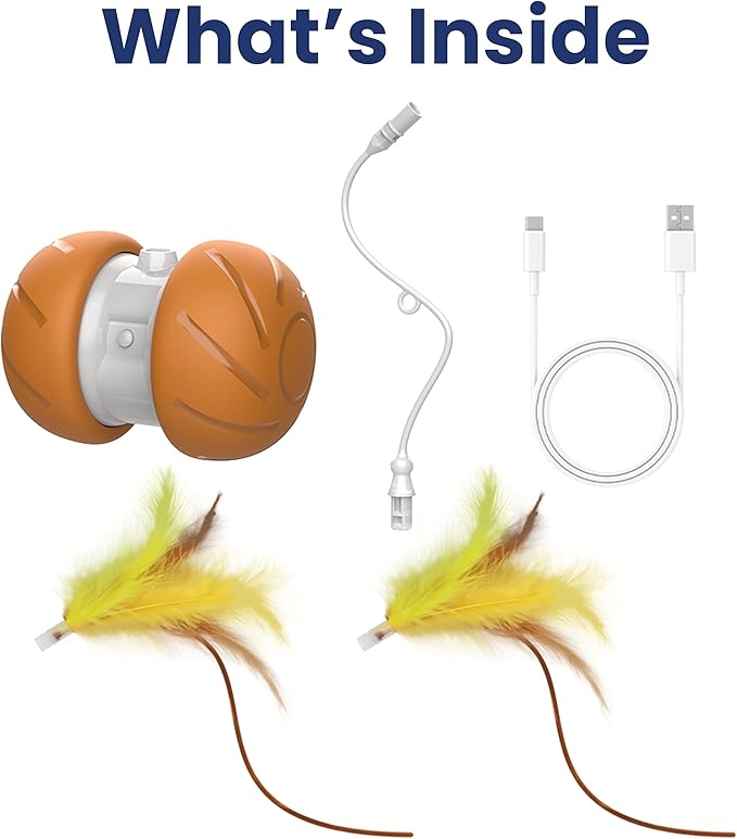 PAWSPIK Feather Tail Rechargeable Spinner Chasers Cat Toy, Orange (Interactive Self-Rolling Moving Cat Toy with 3 Speed Modes, Feather & Bell Attachments)