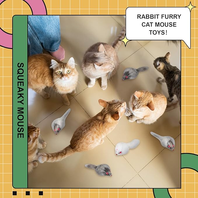 Hungdao 60 Pcs Furry Mice Interactive Catch Play Rabbit Fur Mouse Rattle Sound Rat Plush for PET Cats and Kittens, 3 Colors(White, Black, Gray)
