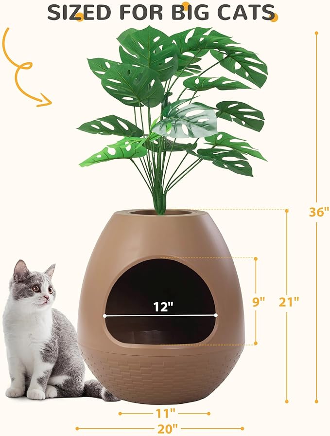Eggloa6 Hidden Cat Litter Box with Artificial Plants - Egg-Shaped Enclosure Includes Scoop, Discreet Furniture for Home Decor, DIY Assembly Cat Litter Box Cabinet for Living Room (Coffee)