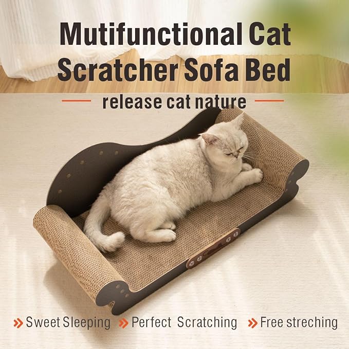 Extra Large Cat Scratcher Bed, 26.5" Sofa Shaped Cardboard Scratch Pad & Couch, Durable Cat Lounger, Furniture Protector for Large Cats & Multi-Cat Households (Black)