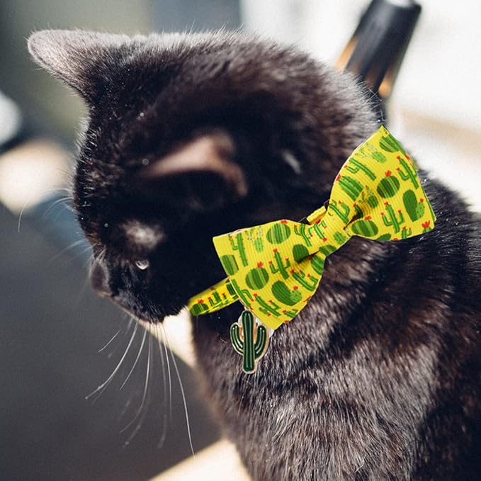 2 Pack Cactus Breakaway Cat Collar Bow Tie with Bell and Pendant Adjustable Safety Buckle Collars for Kitten Yellow and Green