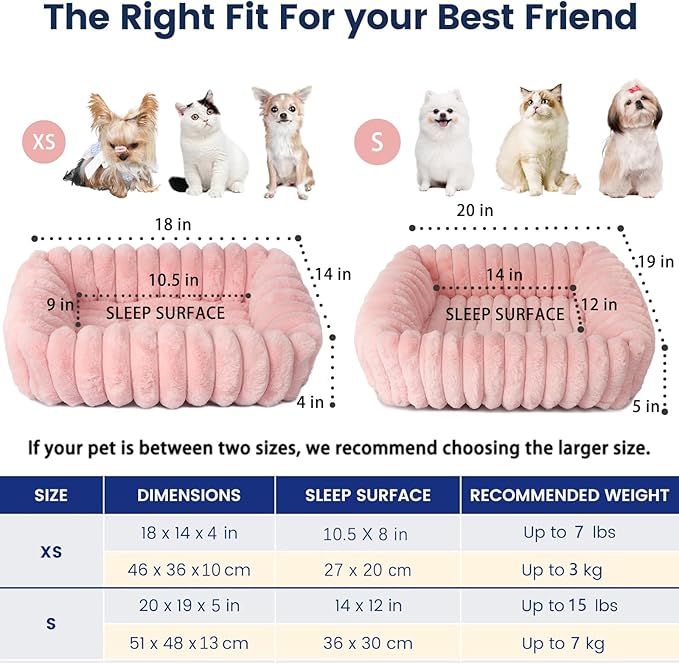 Cute Small Dog Beds for Small Dogs Girl and Cats Washable,Rectangle Cat Bed with Sides Orthopedic Soft Cozy Calming Sleeping Puppy Beds Pink Pet Cuddler Doggie Bed with Anti-Slip Bottom S(20"x19"x5")
