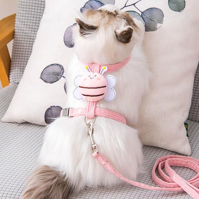 Cat Harness and Leash Set for Outdoor Travel Walking Escape Proof Soft Safe Adjustable Kitten Puppy Small Strap Cute Bee Wings Pink, S