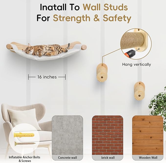 Faux Rabbit Fur Cat Wall Hammock - 2-Step Climbing Shelf, Wall Mounted for Indoor Large Cats