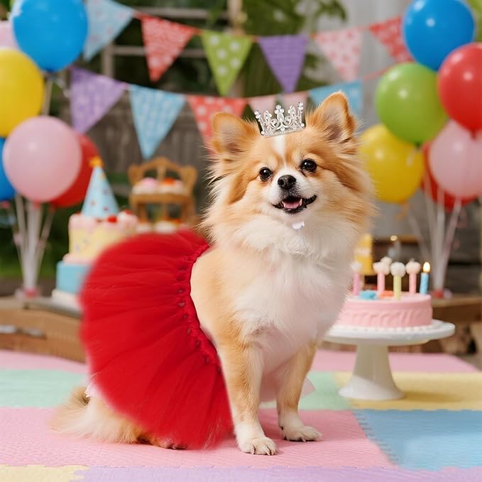 Pet Costume Set Tutu Skirt with Pearl Crown for Small Dog Cat Halloween Birthday Wedding Photo Prop Costume (Red)