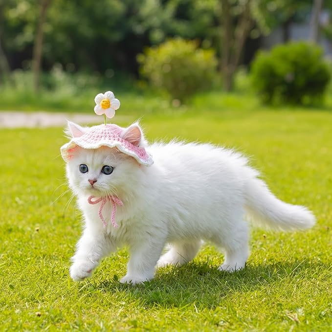 Cat Hat, Cute Flower Washable Knitted Hats for Cats Puppy Small Pets, Adjustable Cat Birthday Party Hat for Halloween Christmas Holiday Photo Outfit (Pink)