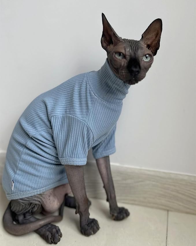 Sphynx Hairless Cats Shirt Cotton Cat Turtleneck Sweater Pullover Kitten T-Shirts with Sleeves Cat Pajamas Jumpsuit for Sphynx Cornish Rex, Devon Rex, Peterbald (Large (Pack of 1), Sky Blue)