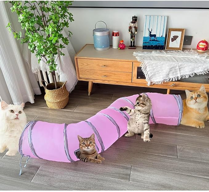 Cat Tunnel Tube Toy Collapsible 2 Way Pink, Pet Tunnels for Indoor Cats, Long Tubes for Kitten, Puppy, Rabbit, Interactive Toys for Fun Playtime & Exercise