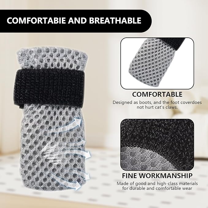 4 Pcs Cat Mittens to Prevent Scratching for Pets with Paw Inner Diameter up to 1.35 Inches, Adjustable Breathable Mesh Kitten Shoes Socks Booties for Only Grey