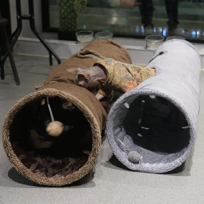 Cat Tunnel for Indoor Cats, 51×12 inch Foldable Big Cat Tunnel, Grey Suede Pet Tunnels with Two Peepholes and a Bubble Ball